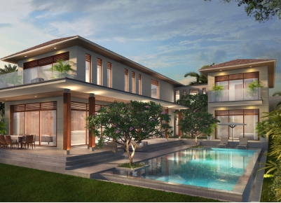 Phòng ngủ với tầm nhìn ra khu vực hồ bơi