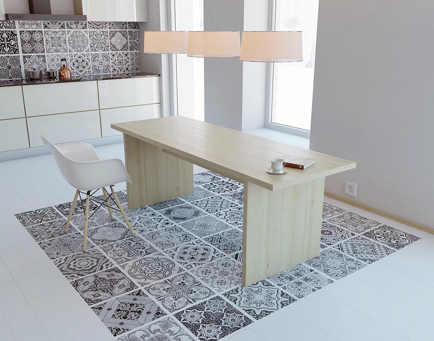 Giấy dán tường họa tiết gạch bông độc đáo này còn có thể thay thế cho thảm trải sàn, tạo điểm nhấn cho khu vực ăn uống. Giấy dán tường họa tiết gạch bông độc đáo