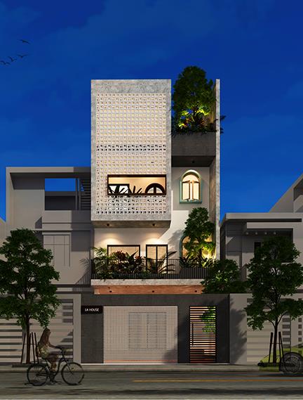 Do ngôi nhà nằm gần chợ và kề lộ giới nên phía mặt tiền có thể tạo một "lớp áo" bằng gạch bông gió, giúp che nắng mã vẫn đón được gió vào bên trong mặt tiền nhà đẹp