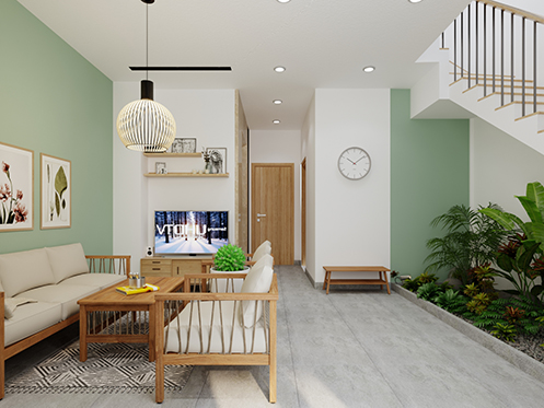 Do gia đình có 1 thành viên phải đi xe lăn nên tầng 1 ngoài phòng khách còn có một phòng ngủ. Để tránh ngập khi mưa lớn, nền nhà được nâng cao 60 cm so với mặt đường và cao hơn sân 30 cm. thiết kế tầng 1