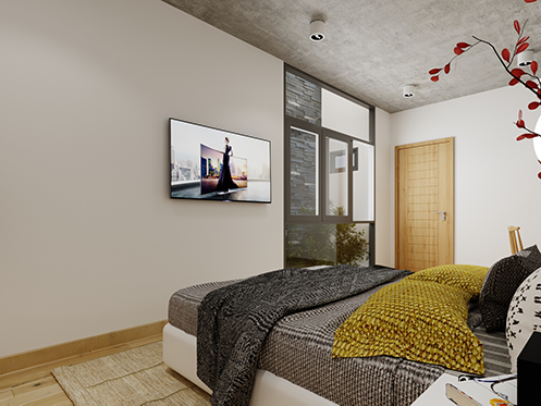 Phòng ngủ ông bà thiết kế đơn giản, ấm áp và có một khoảng giếng trời nhỏ cung cấp ánh sáng buổi sớm thiết kế phòng ông bà