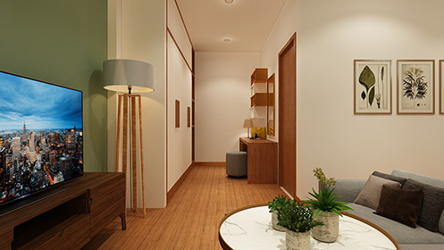 Phòng ngủ chính của vợ chồng chủ nhà với góc nhỏ kê tủ quần áo và bàn trang điểm. Căn phòng có thêm một bộ sofa để ngồi thư giãn, xem chương trình giải trí. phòng ngủ chính