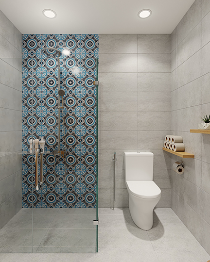 Phòng vệ sinh khá nhỏ nên được thiết kế rất đơn giản, gồm toilet và buồng tắm đứng giúp giảm chi phí xây dựng và tiết kiệm diện tích phòng vệ sinh nhỏ