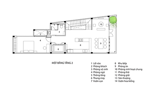 Thiết kế mặt bằng tầng 2 gồm liên thông phòng bếp - phòng ăn - phòng sinh hoạt chung và phòng ngủ của ông bà. mặt bằng tầng 2