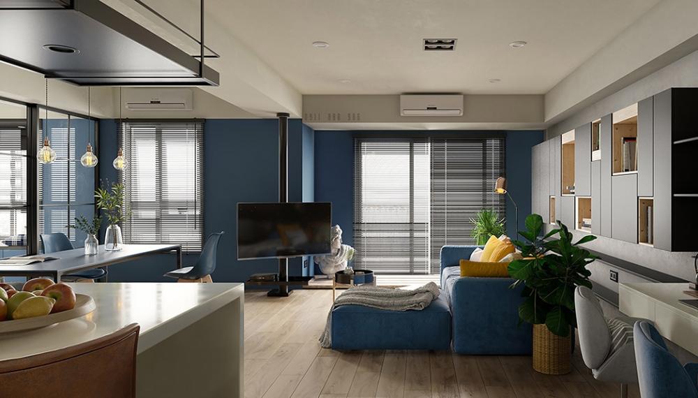 Khung cảnh bên trong một căn hộ 60 m2 có tường và sofa màu xanh dương căn hộ 60 m2 đẹp