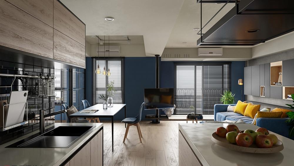 Góc chụp căn hộ từ phía bếp, bên phải là ghế sofa, bên trái là bộ bàn ghế ăn và bàn bếp bố trí căn hộ