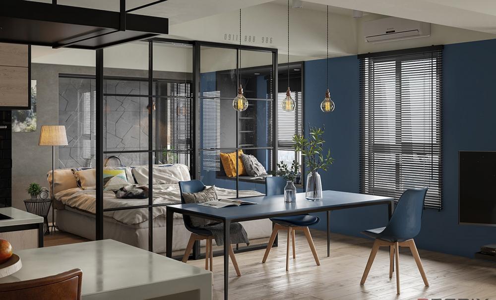 Góc chụp khác về không gian phòng ăn và phòng ngủ, mảng tường bên phải là các ô cửa sổ treo rèm lá sách rèm lá sách