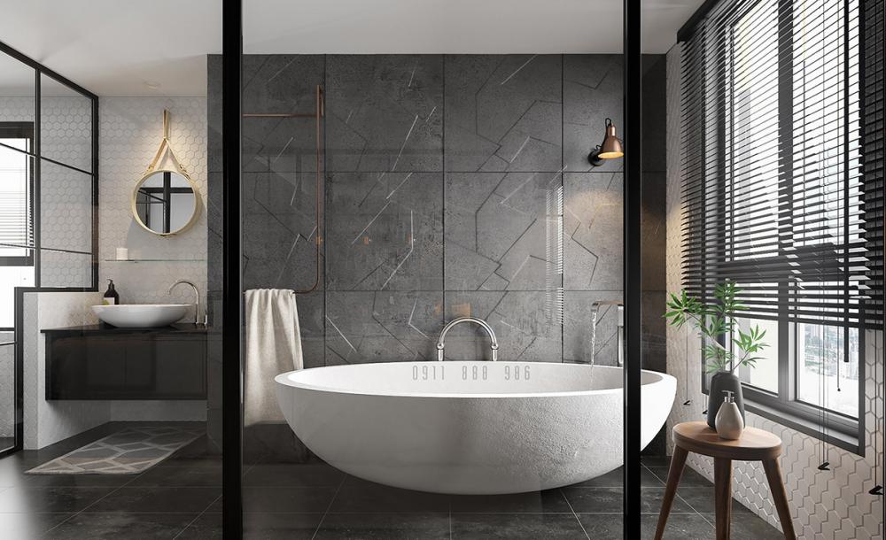 Ảnh chụp chính diện phòng tắm, giữa là bồn tắm bằng sứ, bên trái là bồn rửa tay, bên phải là cửa sổ rèm lá sách phòng tắm màu xám