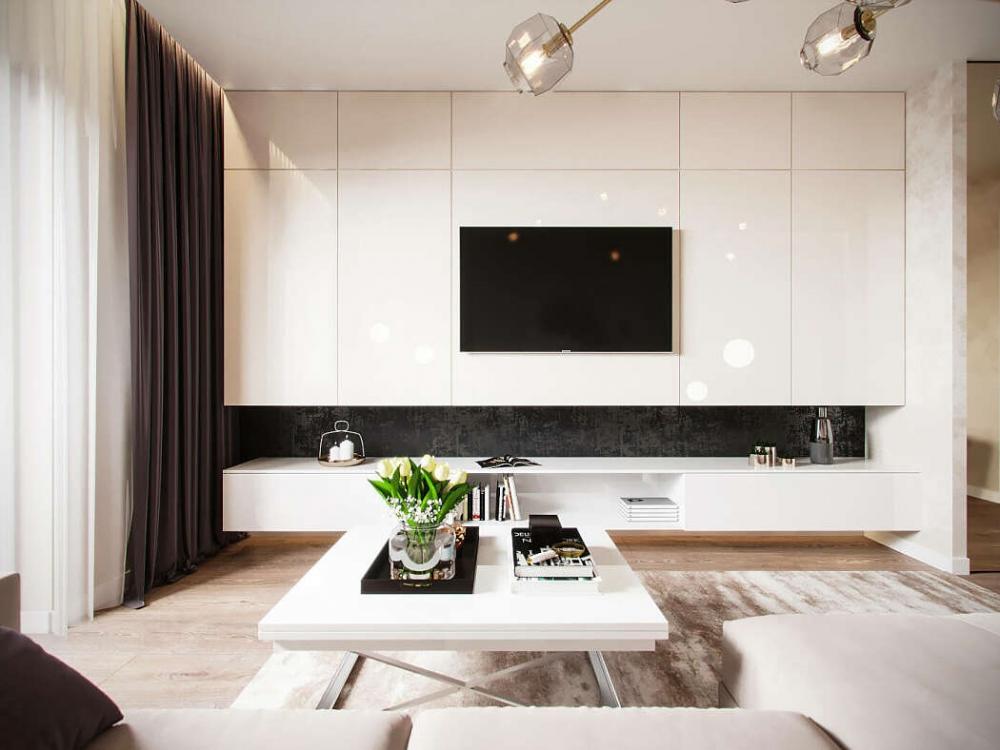 Kệ ti vi nhìn từ phía sofa Kệ tivi màu trắng