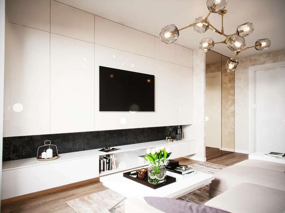 Đèn mặt dây chuyền kết hợp tường phủ bóng gương tạo ra hiệu ứng ánh sáng phản chiếu, giúp căn hộ nhỏ trông rộng rãi hơn căn hộ nhỏ