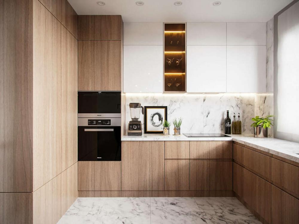 Tủ bếp chữ L bằng chất liệu gỗ, ốp sát tường giúp tiết kiệm diện tích tủ bếp đẹp