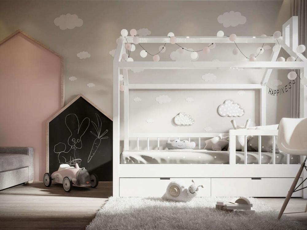 Thiết kế phòng trẻ em với các hình ảnh đám mây, chú thỏ... gợi nhắc những câu chuyện cổ tích phòng trẻ em