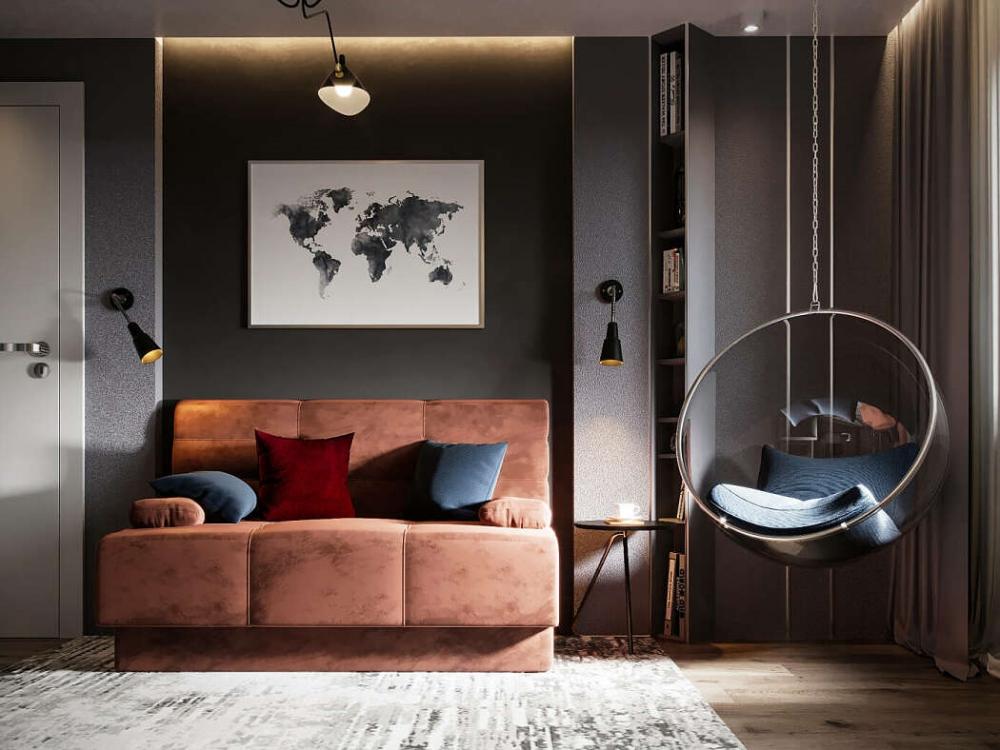 Góc đọc sách gồm ghế sofa đơn, ghế xích đu và đèn cây góc đọc sách