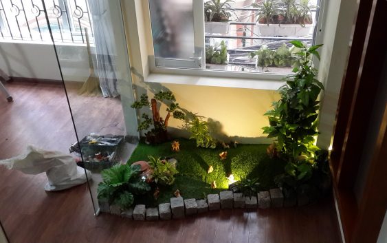 Trong ảnh là tiểu cảnh với cây cảnh nhỏ, viền xếp đá nhỏ, một vài nhánh hoa và thắp đèn sáng tiểu cảnh đẹp