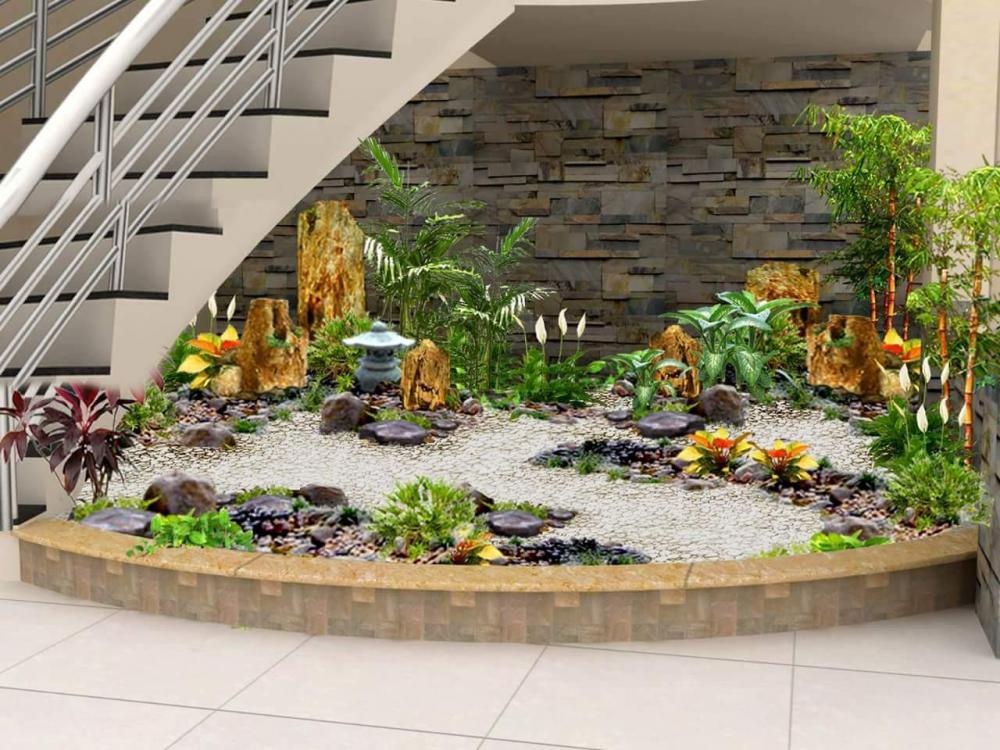 Ảnh chụp tiểu cảnh ở khu vực cầu thang được rải sỏi trắng tiểu cảnh đẹp cho nhà ở