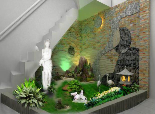 Ảnh chụp tiểu cảnh đẹp hoàn hảo với thảm cỏ xanh, có tượng cò trắng, chú tiểu đồng cưỡi trâu dưới hệ thống đèn điện lấp lánh lợi ích của tiểu cảnh đẹp