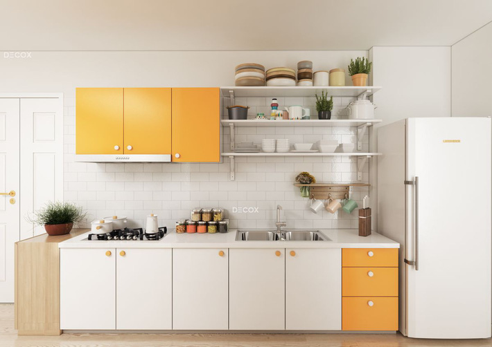 Trong ảnh là khu vực bếp nấu được thiết kế hệ tủ lữu trữ gọn gàng trên tường, bếp chữ I nhỏ nhắn nhưng vẫn đảm bảo công năng sử dụng Tư vấn thiết kế nhà ống sang trọng