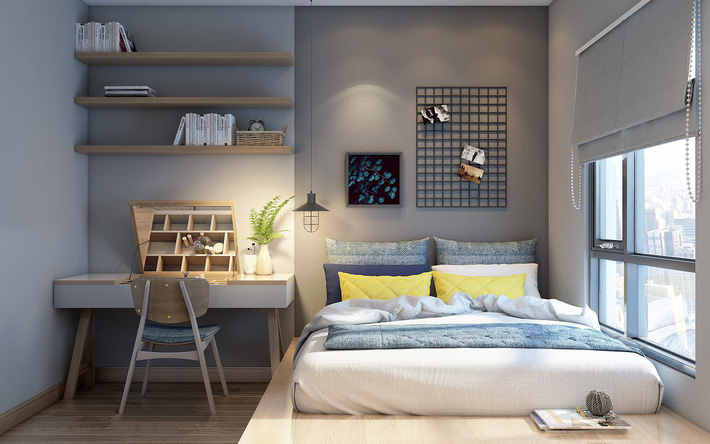 Trong ảnh là phòng ngủ của con được thiết kế tràn ngập ánh tự nhiên với hệ cửa sổ kính lớn và những gam màu tươi sáng Tư vấn thiết kế nhà ống đơn giản