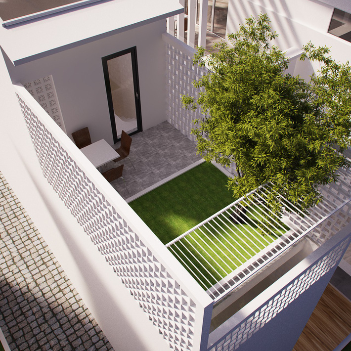 Trong ảnh là sân thượng của ngôi nhà 4 tầng được thiết kế thành không gian thư giãn của gia đình với bộ bàn ghế nhỏ và trồng cây xanh Tư vấn thiết kế nhà ống hợp phong thủy