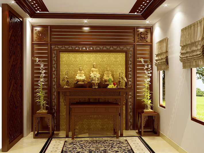 Ảnh chụp phòng thờ được thiết kế gọn về một góc nhà với lối bố trí trang nghiêm Tư vấn thiết kế nhà ống thoáng đãng