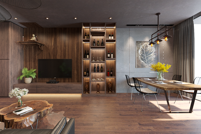 Trong ảnh là phòng khách và khu vực ăn uống trong căn hộ 88m2 được bố trí liền mạch, tạo không gian mở cho căn hộ 88m2 tư vấn thiết kế nội thất căn hộ 88m2 theo phong cách Rustic