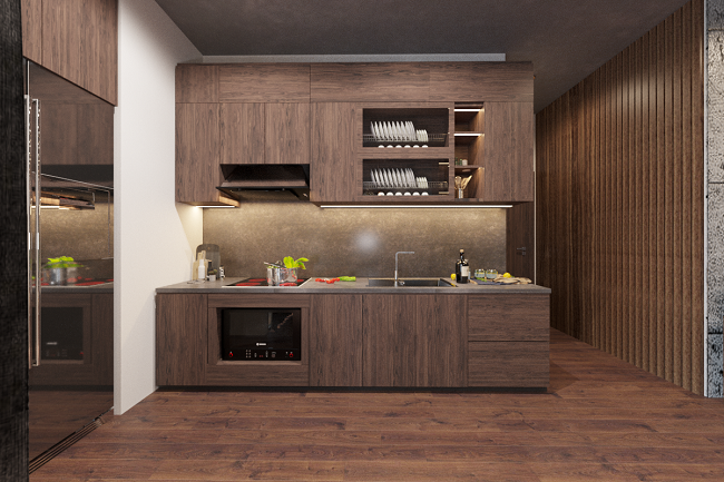 Trong ảnh là khu vực bếp nấu với chất liệu gỗ chủ đạo, tạo nên sự hài hòa cho tổng thể căn hộ đậm chất Rustic tư vấn thiết kế nội thất căn hộ đẹp