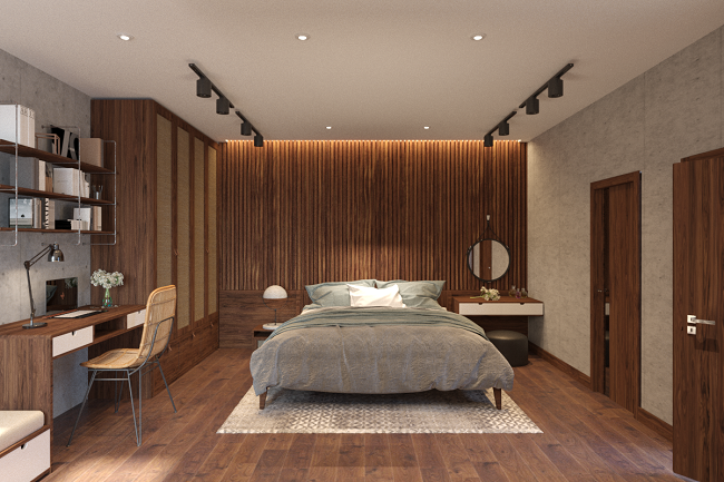 Ảnh chụp phòng ngủ chính được ưu tiên bố trí diện tích rộng, nhằm nâng cao chất lượng giấc ngủ. Trong phòng ngủ còn được bố trí thêm bàn làm việc nhỏ ở bên trái giường với kệ lưu trữ đồ phía trên. tư vấn thiết kế nội thất căn hộ hoàn hảo