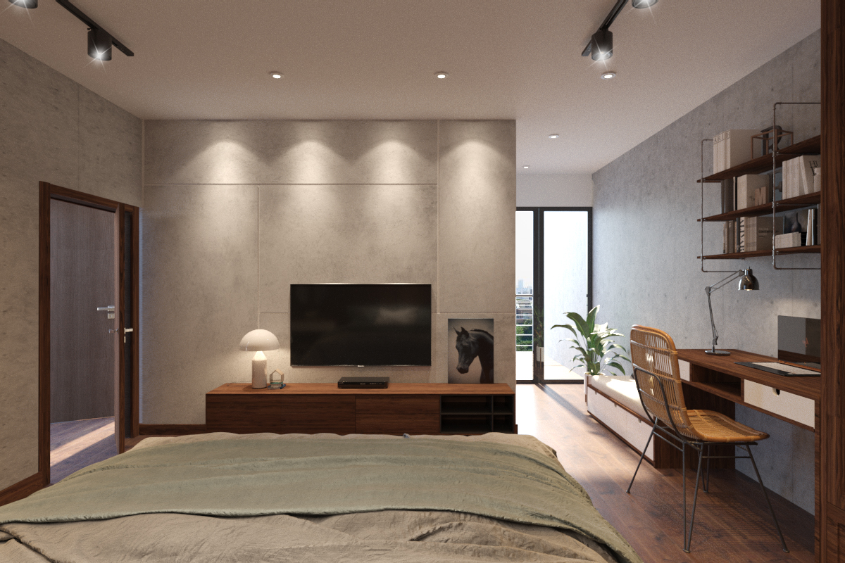 Phía ngoài phòng ngủ còn được thiết kế lô gia, vừa giúp lấy sáng cho không gian nghỉ ngơi, vừa tạo nơi thư giãn cho chủ nhân căn hộ tư vấn thiết kế nội thất căn hộ hiện đại