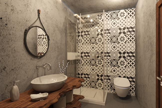 Ảnh chụp mảng tường được ốp gạch hoa tạo sự sinh động cho không gian vốn nhiều gam màu trầm thiết kế không gian nội thất đẹp