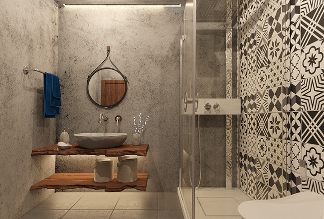 Phong cách Rustic tiếp tục được kiến trúc sư nhấn mạnh với việc thiết kế kệ đỡ bồn rửa và lưu trữ đồ bằng gỗ nguyên tấm thiết kế nội thất không gian sống