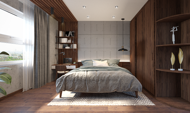 Trong ảnh là phòng ngủ thứ 2 được thiết kế sinh động hơn với các kệ góc để đặt đồ trang trí và sách vở. Cửa sổ được mở rộng với chất liệu kính, giúp căn phòng luôn chan hòa ánh sáng tự nhiên Phòng ngủ thứ 2