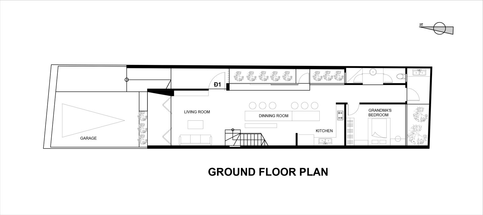 Sơ đồ bố trí mặt bằng tầng trệt. tầng trệt