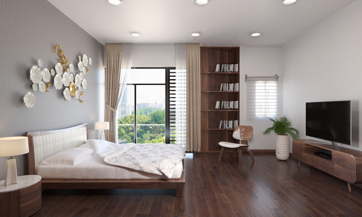 Góc làm việc được bố trí cạnh cửa sổ nhìn ra giếng trời nhằm tận dụng ánh sáng tự nhiên vào ban ngày. góc làm việc