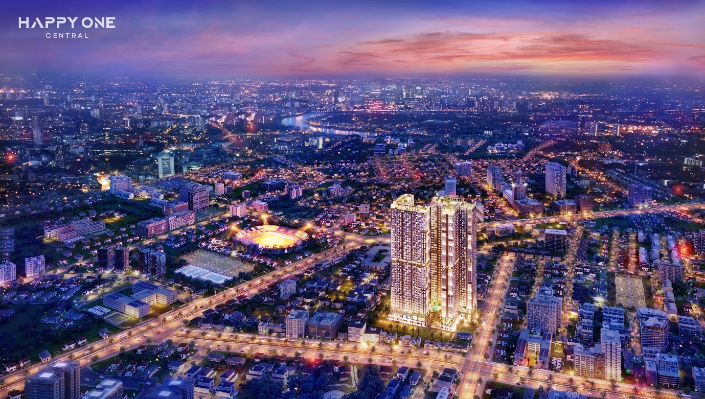 thành phố về đêm có nhiều toà nhà