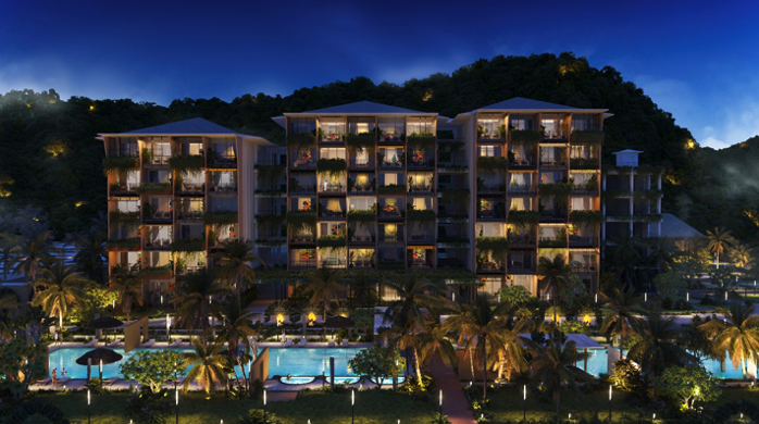 Apec Mandala Sky Villas Kim Bôi là khu nghỉ dưỡng sức khỏe sang trọng với kiến trúc và nội thất lấy cảm hứng từ 3 nền văn hóa: Mường, Nhật Bản và La Mã 3 toà nhà cao tầng vào ban đêm, xung quanh là cây cối