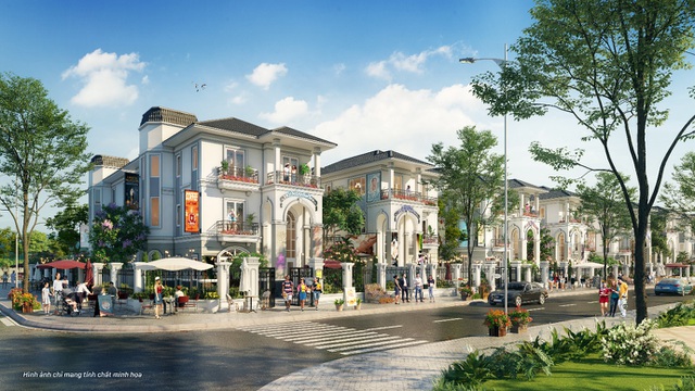 dãy nhà phố bên cạnh đường, có nhiều người đang đi lại