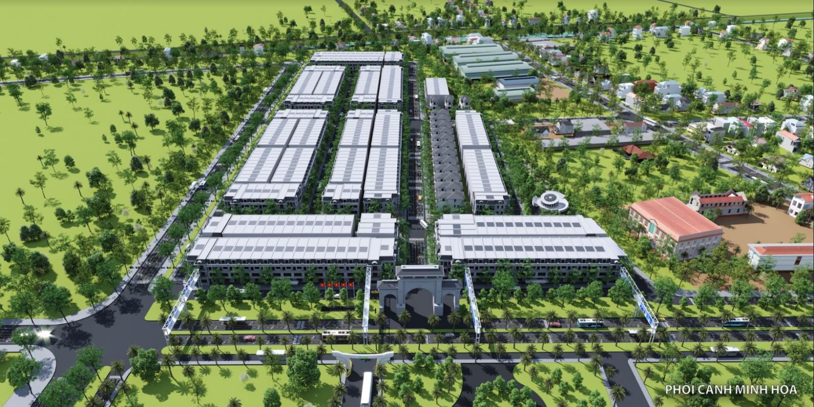 phối cảnh dãy nhà nằm xen kẽ đường đi và cây xanh