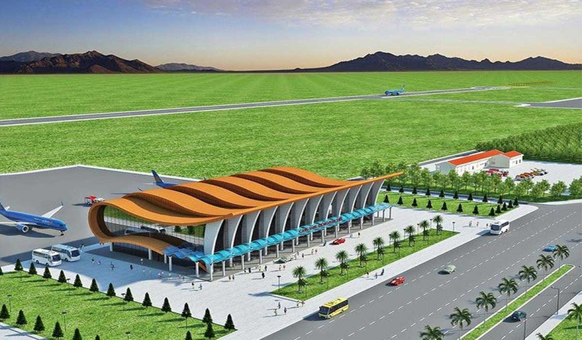 phối cảnh sân bay với máy bay, cây xanh, nhà chờ