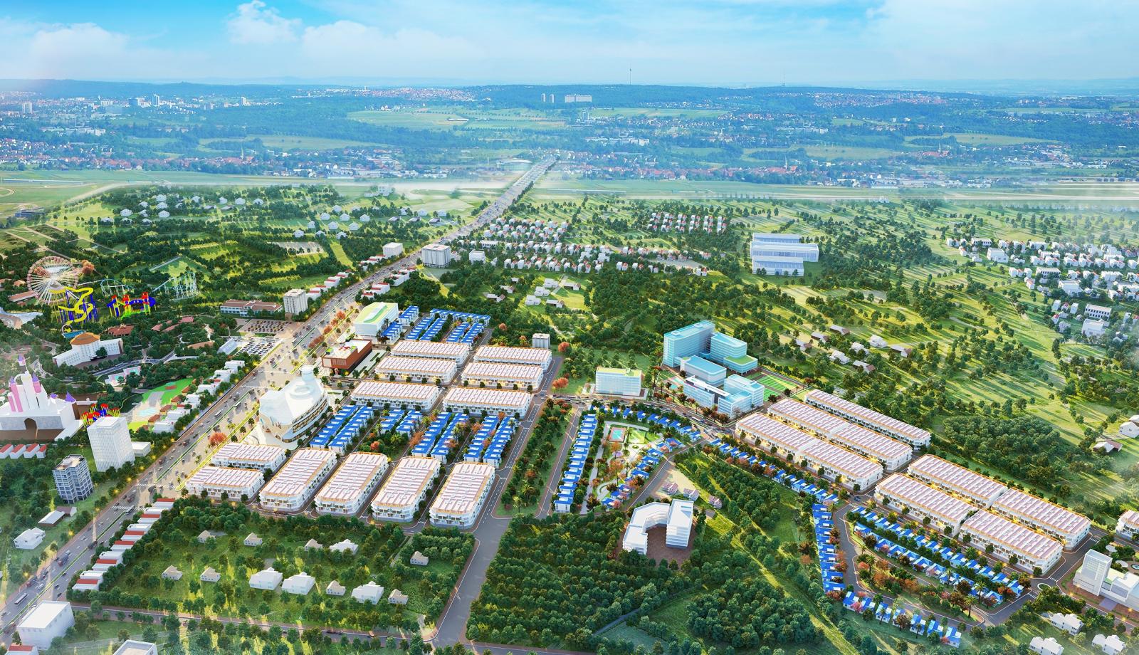 nhiều công trình nằm xen kẽ cây xanh nhìn từ trên cao