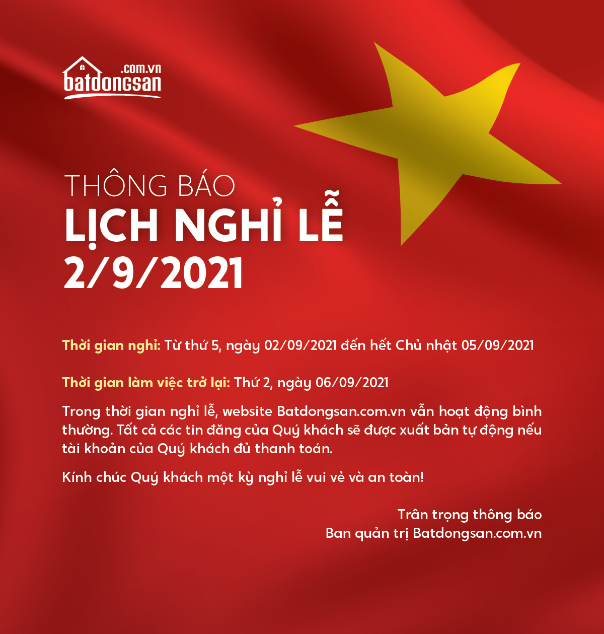 Batdongsan.com.vn thông báo lịch nghỉ lễ Quốc khánh 2/9/2021