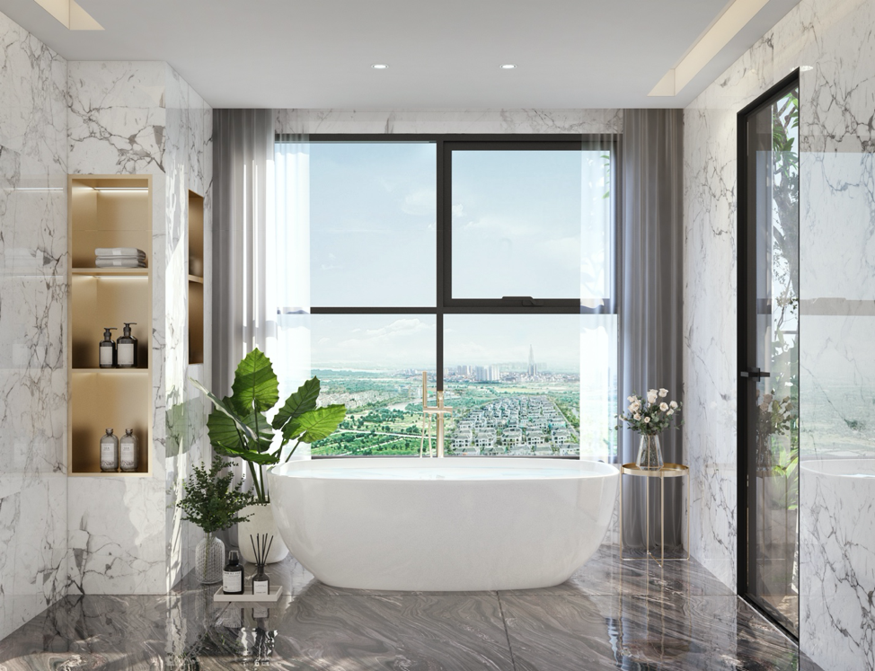 A bathroom with a tub and shelvesDescription automatically generated with low confidence