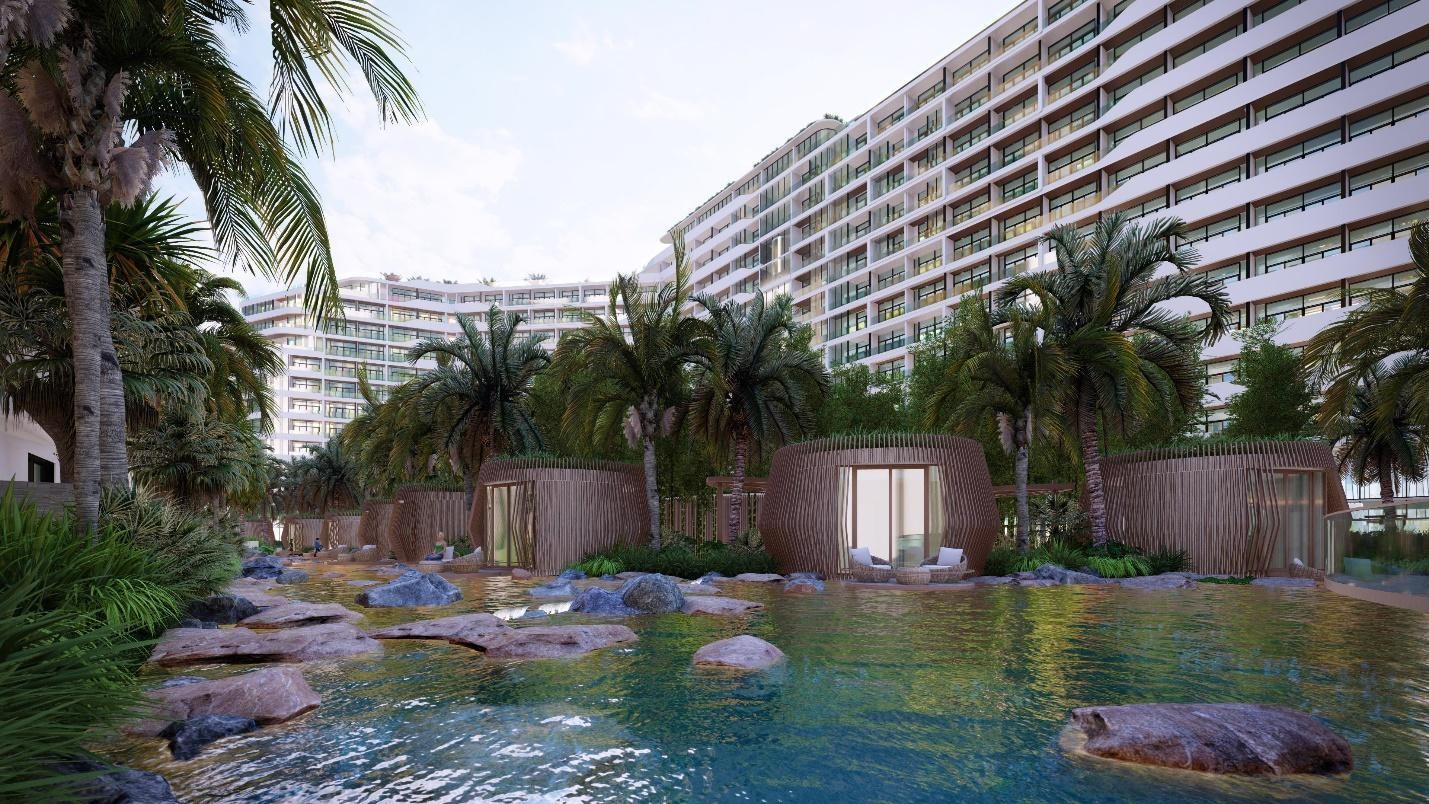 A pool surrounded by trees and bushesDescription automatically generated with low confidence