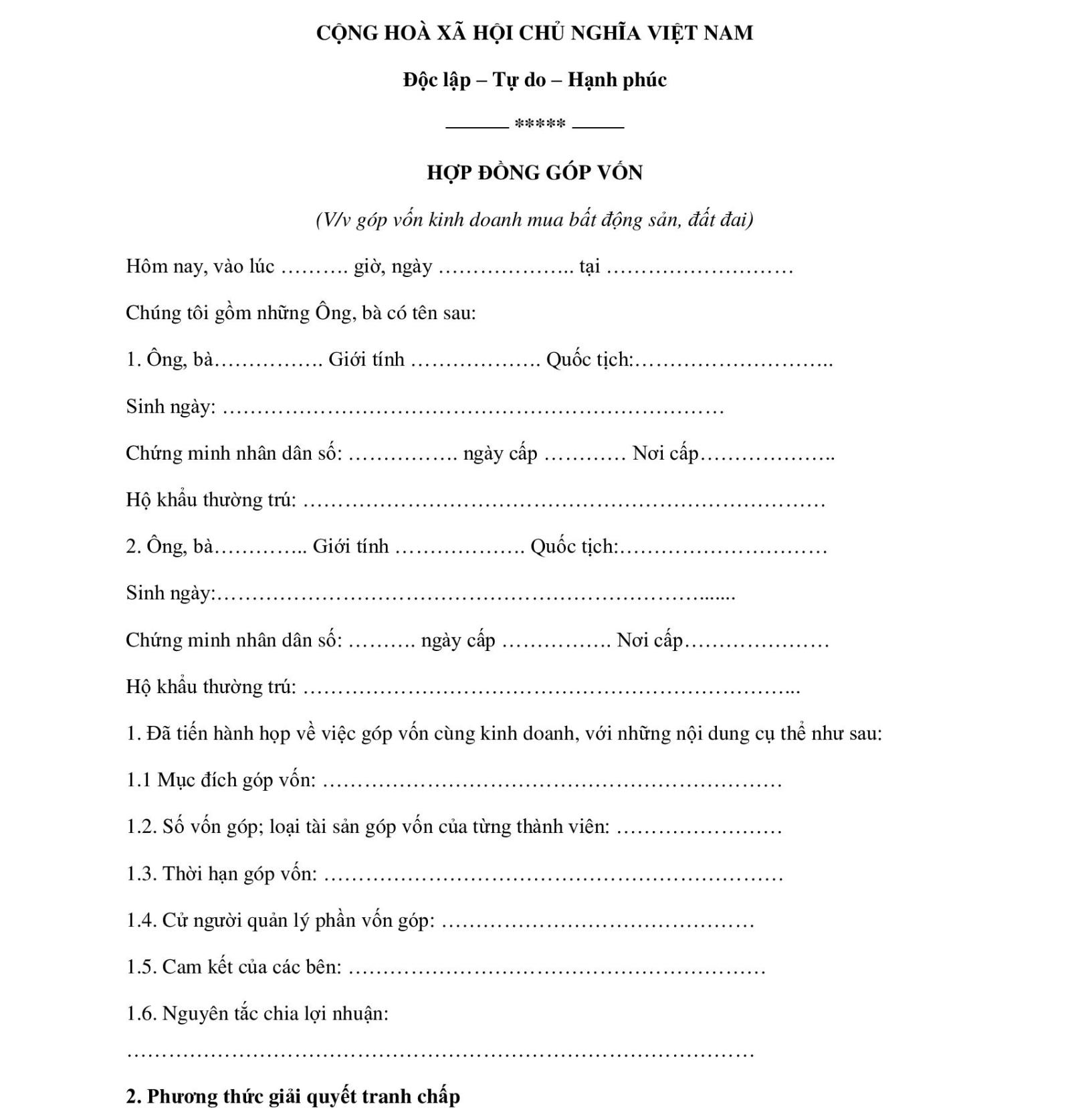 Mẫu hợp đồng góp vốn cho nhiều nhà đầu tư, trang 1