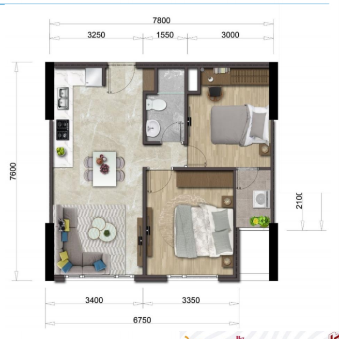 Mặt bằng căn hộ Mizuki Park diện tích 56m2, 2PN, 1 WC