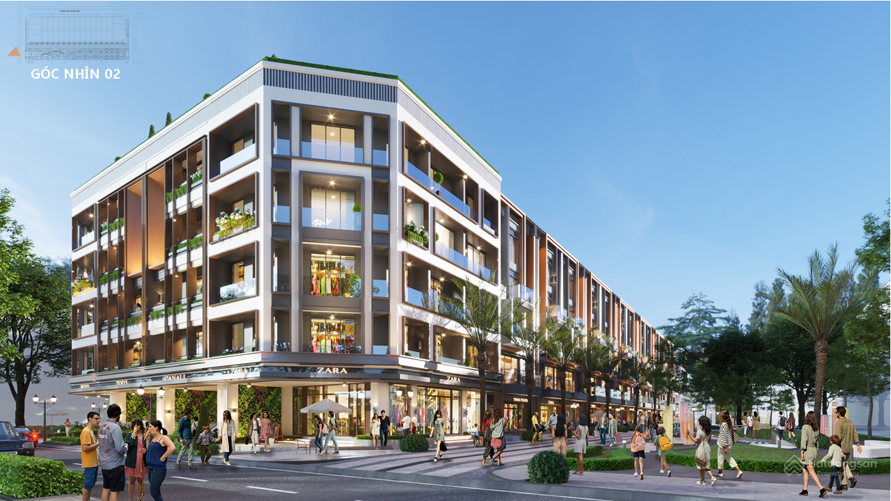 Phối cảnh tổng thể dự án có tòa nhà cao tầng và nhà liền kề