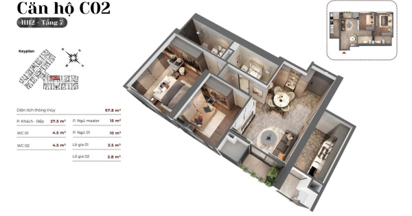 Chính Chủ cần bán CH 2PN 2VS diện tích 67.8 m2 trục C02 tòa HH02 Kepler Land Mỗ Lao