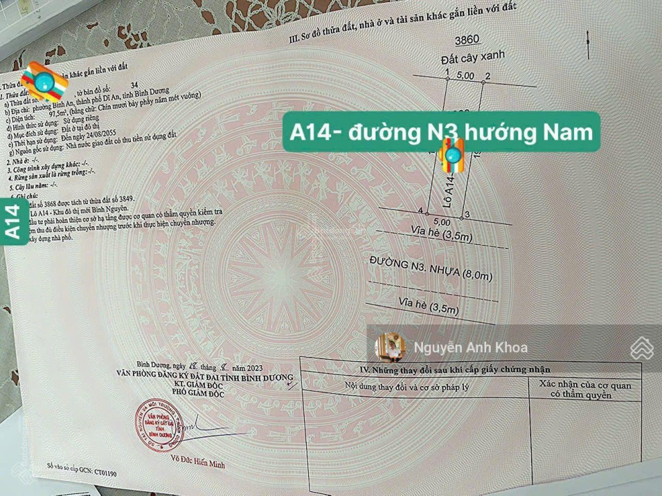 Hàng giá gốc CĐT F0,5nền liền kề hướng Nam KDT Bình Nguyên 97.5m2 trục ...