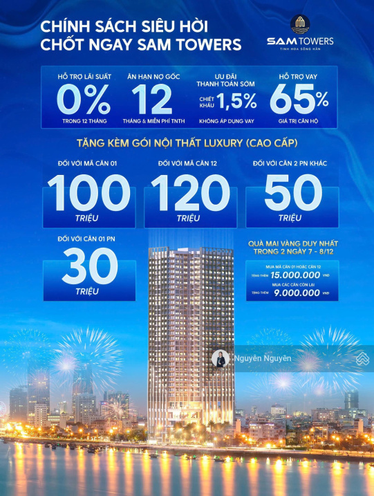 Căn hộ 2PN SAM Towers trực diện sông Hàn Đà Nẵng, cam kết lợi nhuận 300 triệu/năm + Ưu đãi T1/2025