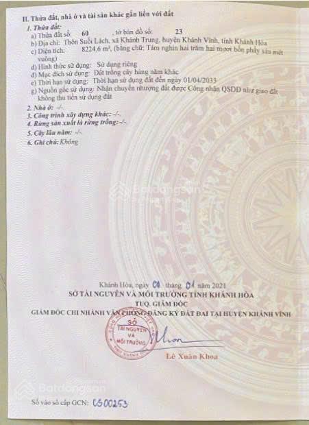 Bán lô đất DT 8.224 m2 Xã Trung Khánh Vĩnh (Khánh Trung), bám đường tới 80m