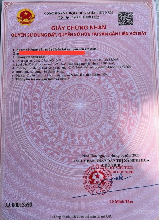 Cần bán nhanh đất diện tích 15.585m2 tại thôn Buôn Sim, xã Tây Ninh Hòa (Ninh Tây) Khánh Hòa